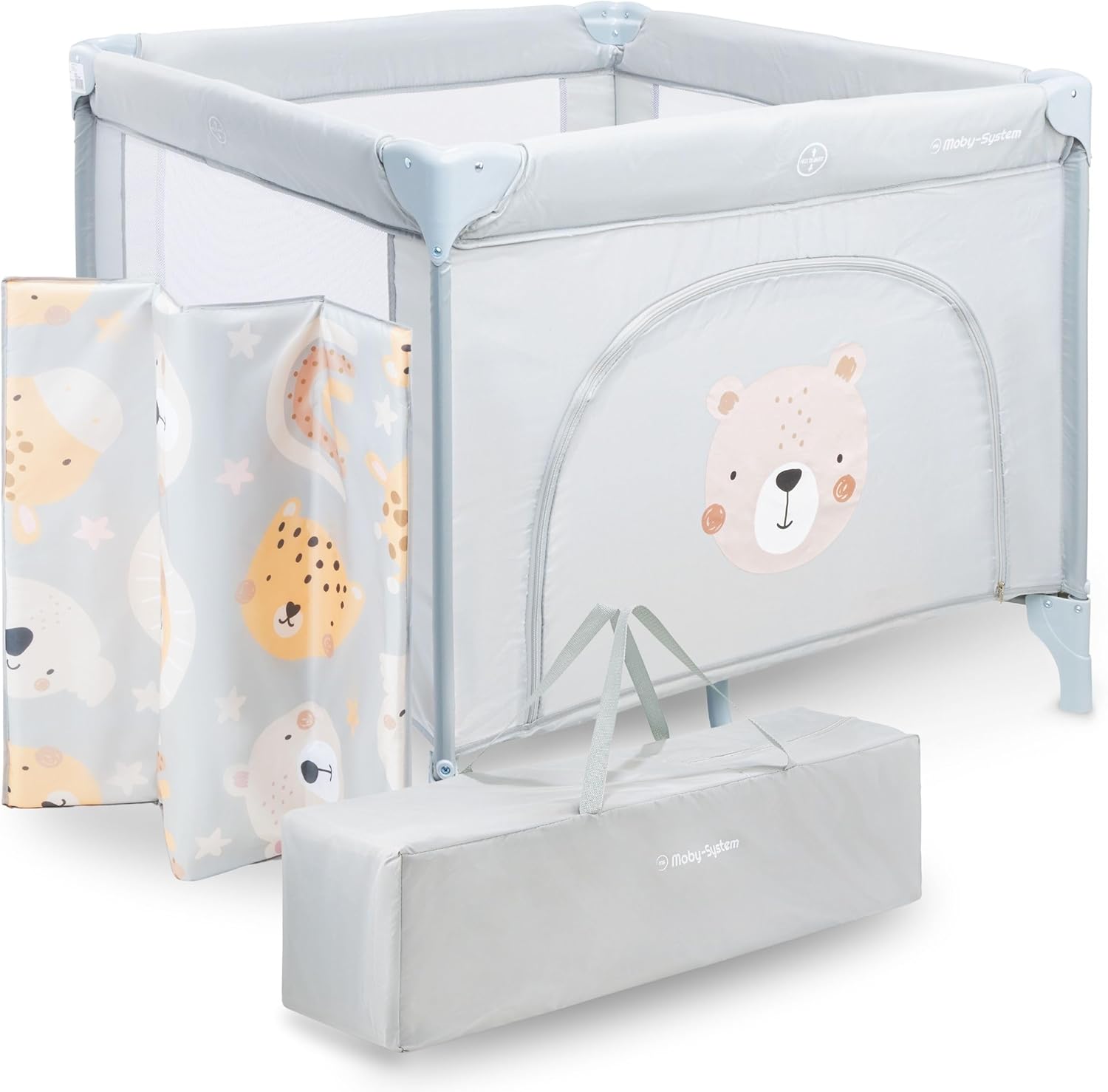 Moby-System Children's Playpen with Mattress and Transport Bag, Large Folding Wheels with Lock, Solid Frame, Non-Slip Overlays, 97 x 100 x 77 cm, Teddy Bear