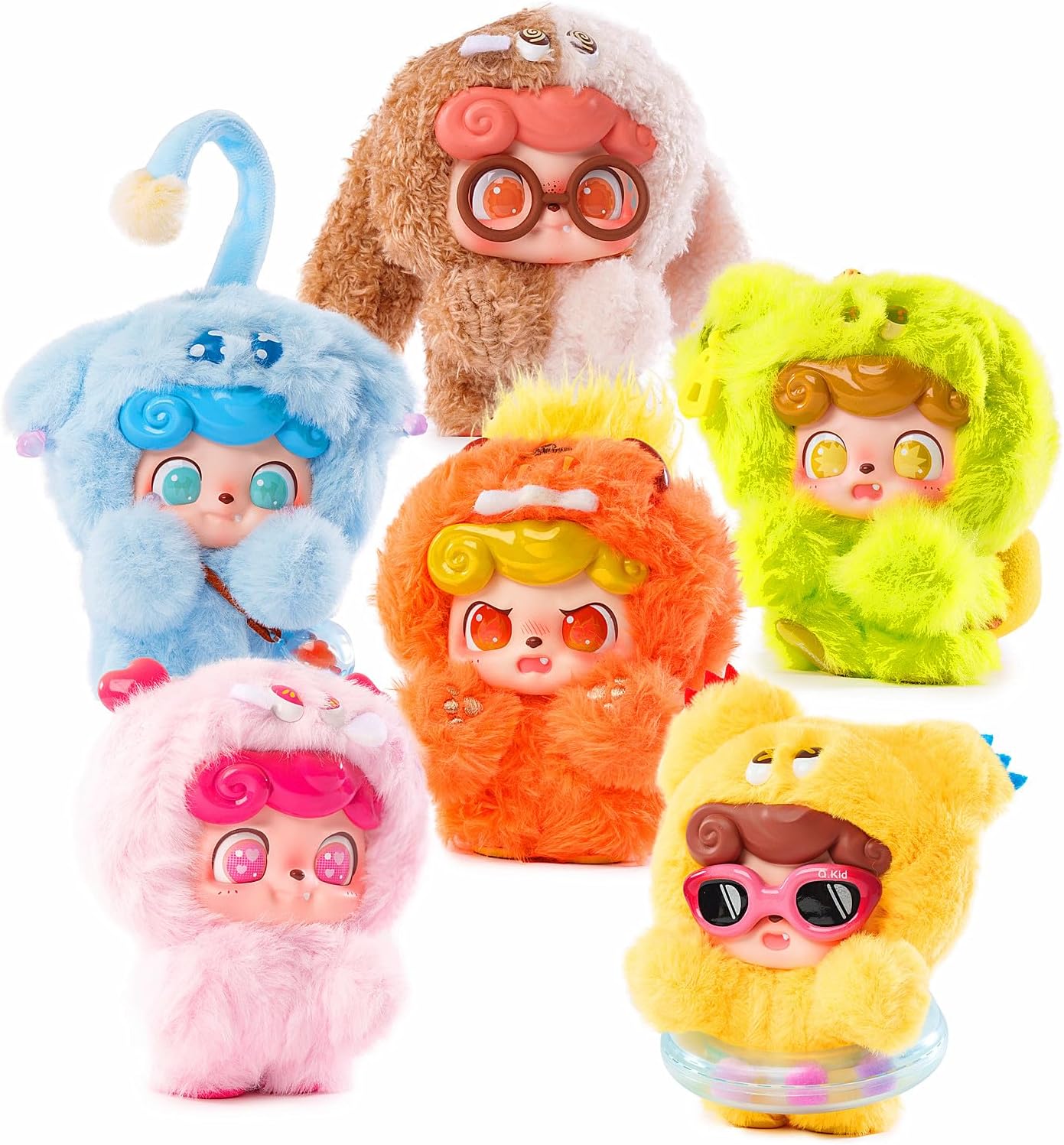 Baby Three Q.Kid Plush Blind Box， Plush Figure Toys 1PC (1 of 7 Possible Styles) Emotional Hairy Monsters Collectible Keychain & Bag Charm Birthday Gifts 4.2 in