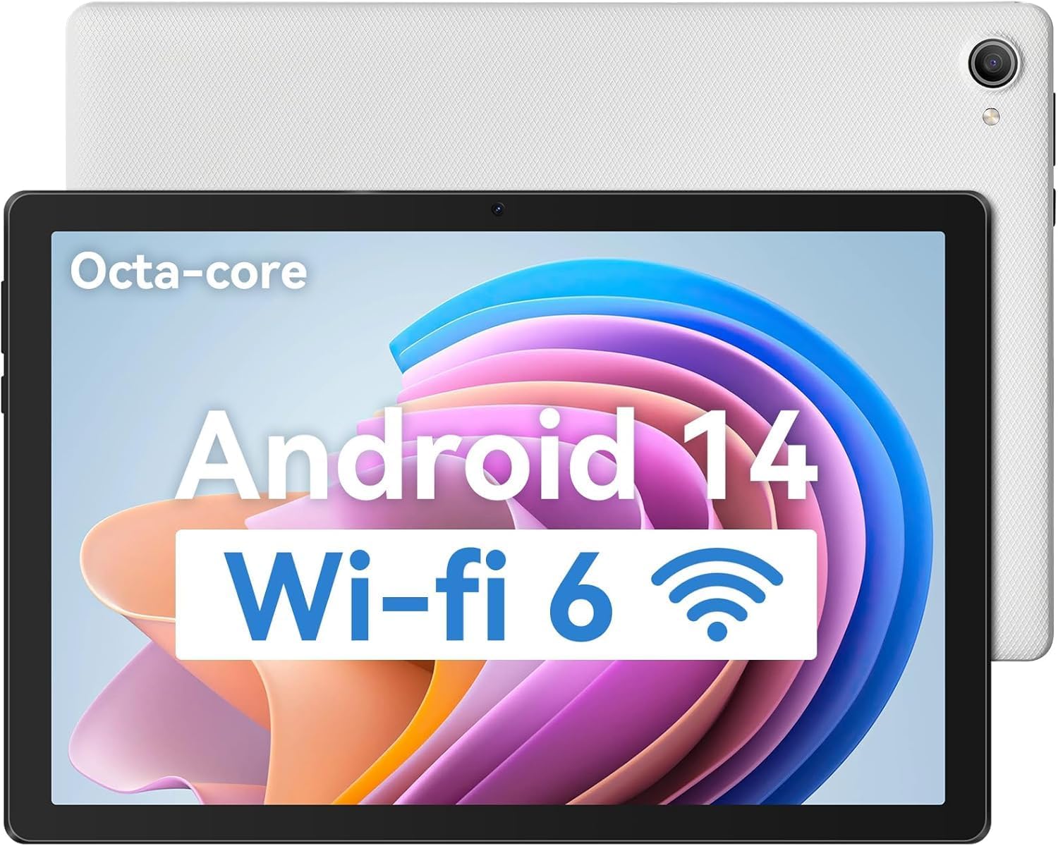 Tablet 10 Inch, Android 14 Tablet PC, 8GB RAM+64GB ROM (1TB TF), Octa-Core 2.0 GHz, WiFi 6, Bluetooth 5.0, Widevine L1, 5MP+8MP, 5000mAh,Type-C White