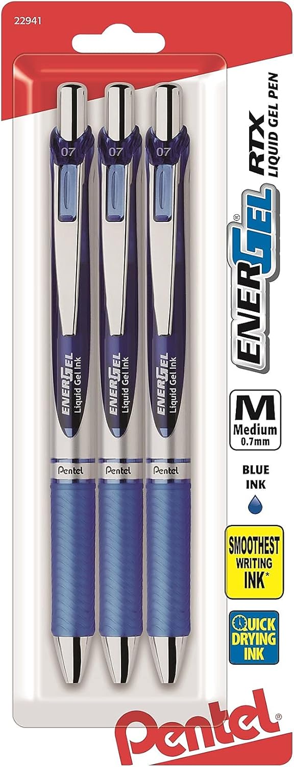 Pentel EnerGel Deluxe RTX Gel Ink Pens, 0.7 Millimeter Metal Tip, Blue Ink, 3-Pack (BL77BP3C)