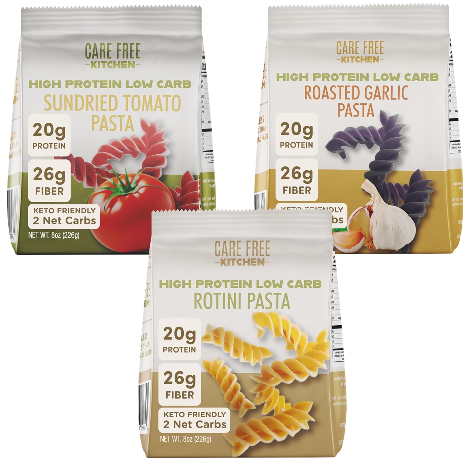 Care Free Kitchen Rotini Keto Pasta Noodles Variety 3-Pack (8 oz. Bags) Plain, Sundried Tomato, Roasted Garlic, 20g High Protein, Low Carb 2g Net Carbs, 26g High Fiber