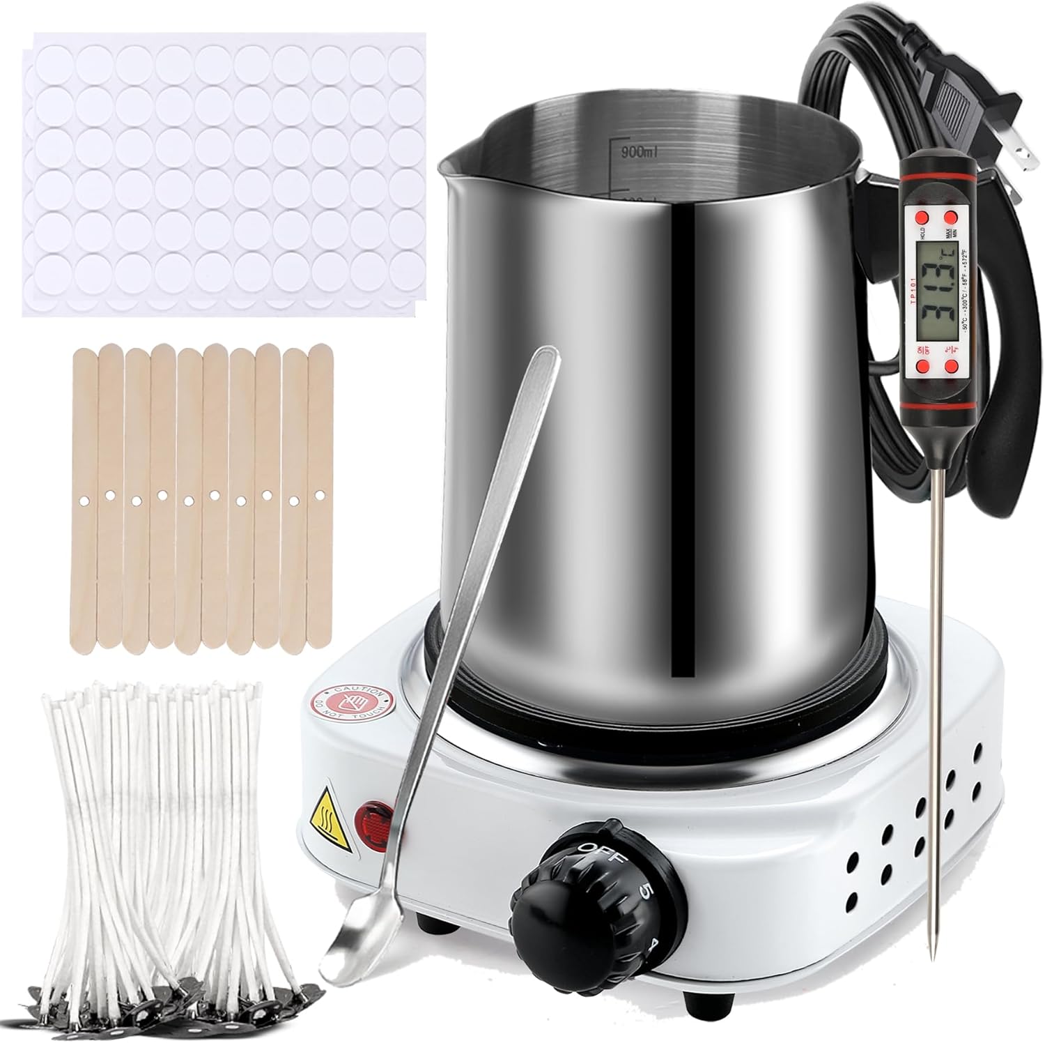 Candle Making Kit, Wax Melter For Candle Making, DIY Candle Making Supplies For Adults,Beginners, Including 500w Electric Stove, 900ml Melting Wax Pouring Pot, Candle Wick, Spoon, Thermometer(White)