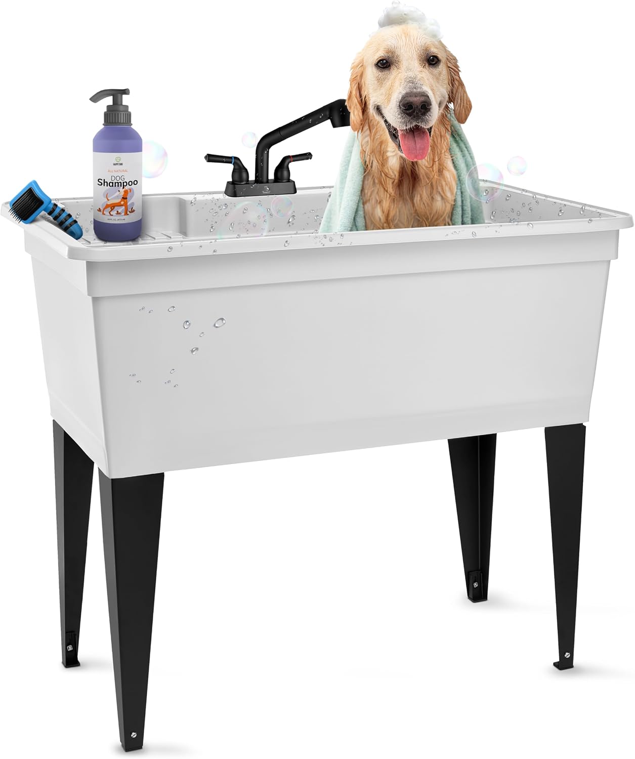 Tehila Freestanding Double-Wide Utility Sink with Steel Legs & Black Pull-Out Faucet, Multi-Purpose Heavy-Duty Laundry Tub and Kitchen Sink for Homes & Business, White
