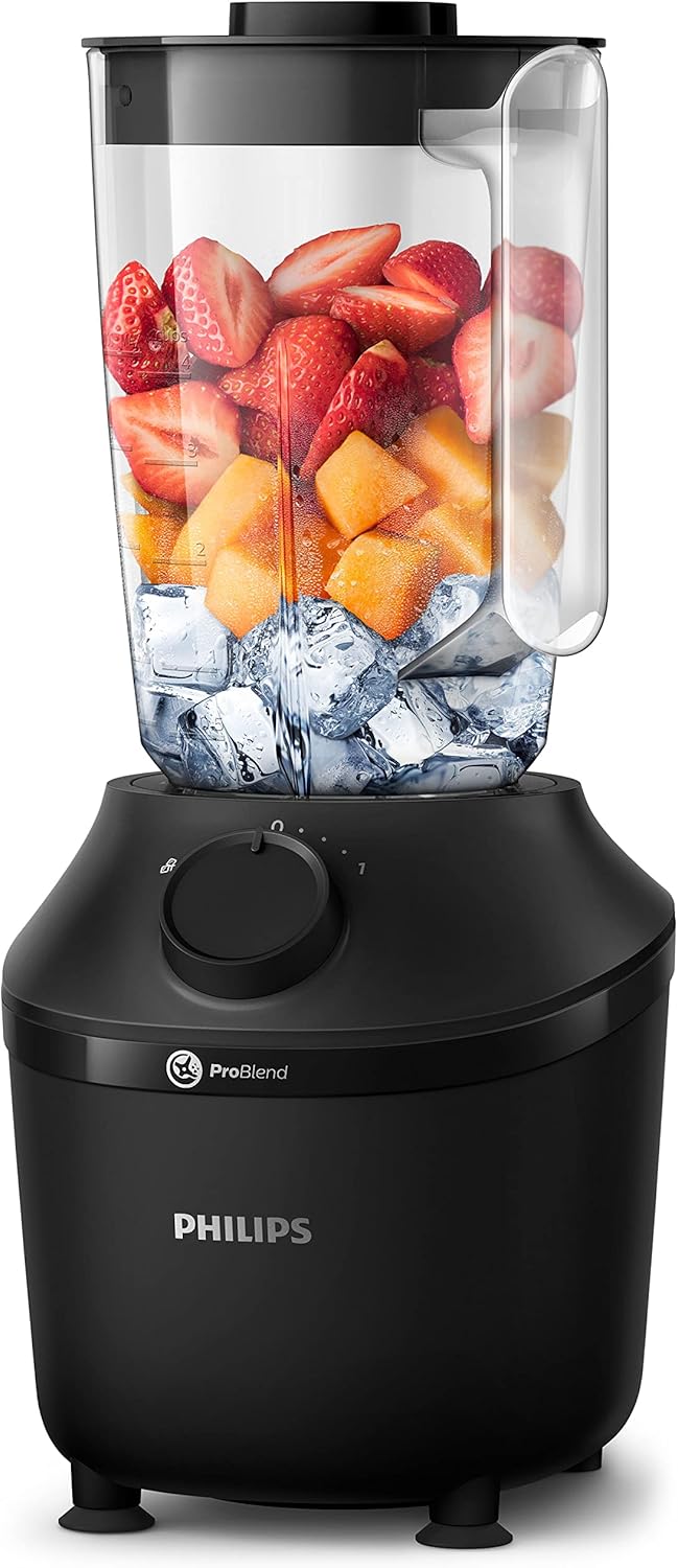 Philips Blender 3000 Series, ProBlend System, 1.9L Maximum Capacity, 1L Effective Capacity, 450W, 1 Speed Setting + Pulse, Plastic Jar, Black, (HR2041/01), Smooth blends with no lumps in 45 seconds*