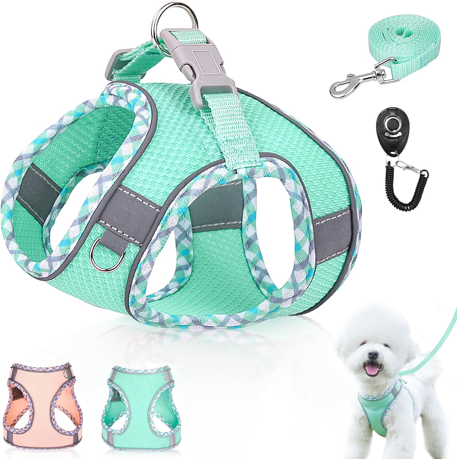 Dog Harness and Leash Set,Soft Mesh Breathable Dog Vest Harness with Training Clicker,Adjustable No Pull Reflective Pet Vest Harness with Safety Buckle for Small Medium Dogs, Cats, Puppies(Green, M)