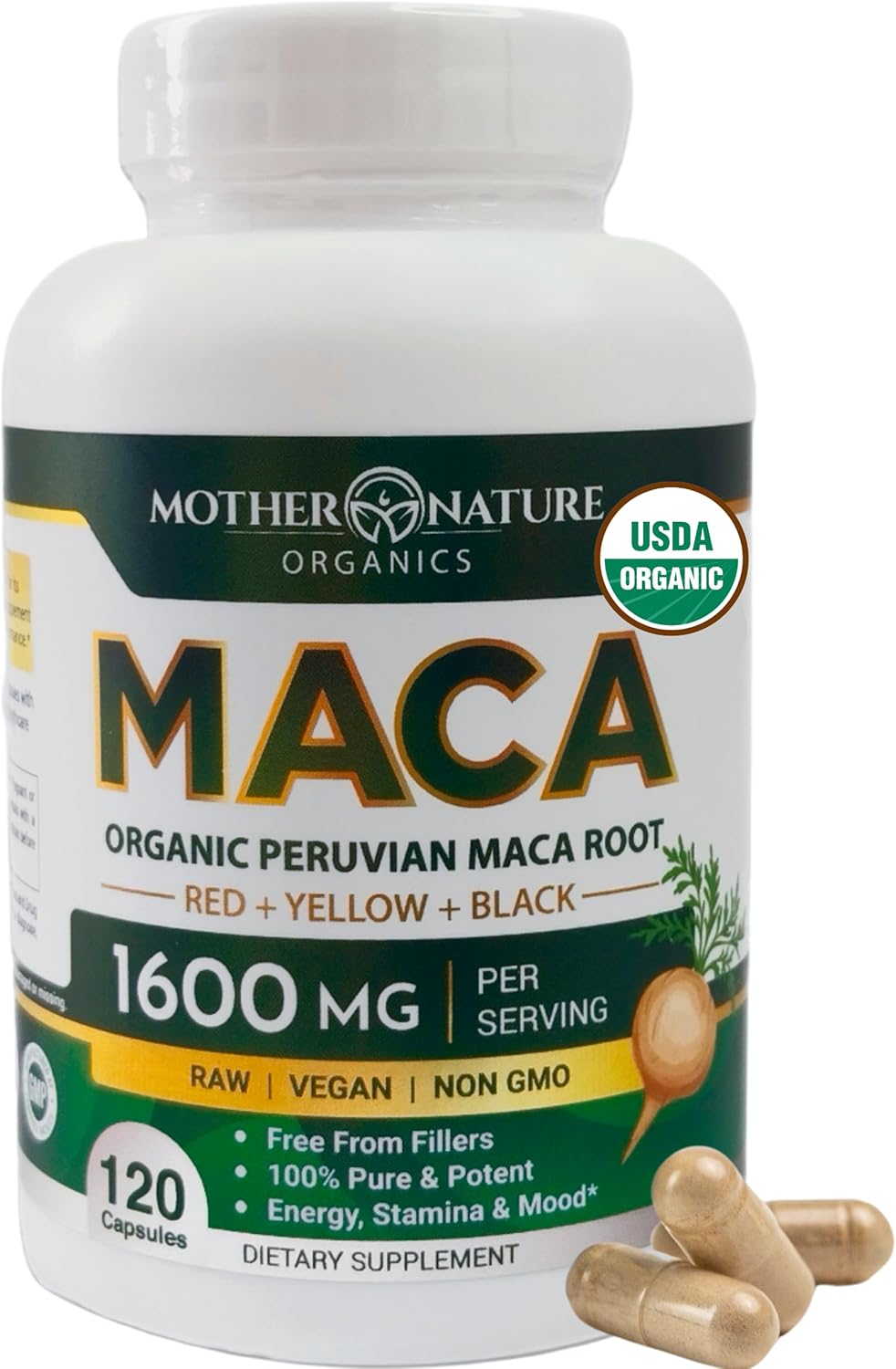 Mother Nature USDA Organic Maca Root Capsules, Black + Red + Yellow Peruvian Maca for Women & Men 1600mg - Supports Mood, Hormonal Balance Reproduction & Energy - Vegan Pills (120ct)
