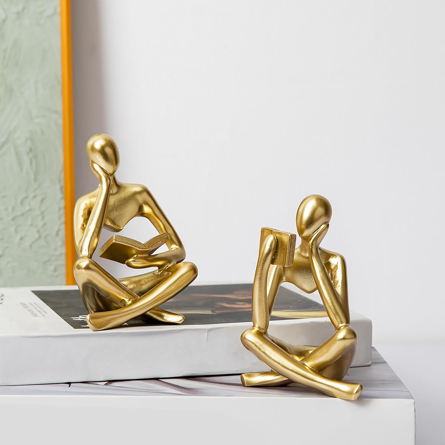 Reading Thinker Statue, Sculptures Abstract Art Ornament, Modern Aesthetic Figurine Decoration Set of 2 Status for Home Living Room Bedroom Office Shelf Table Desk Bookshelf Decor (Gold)