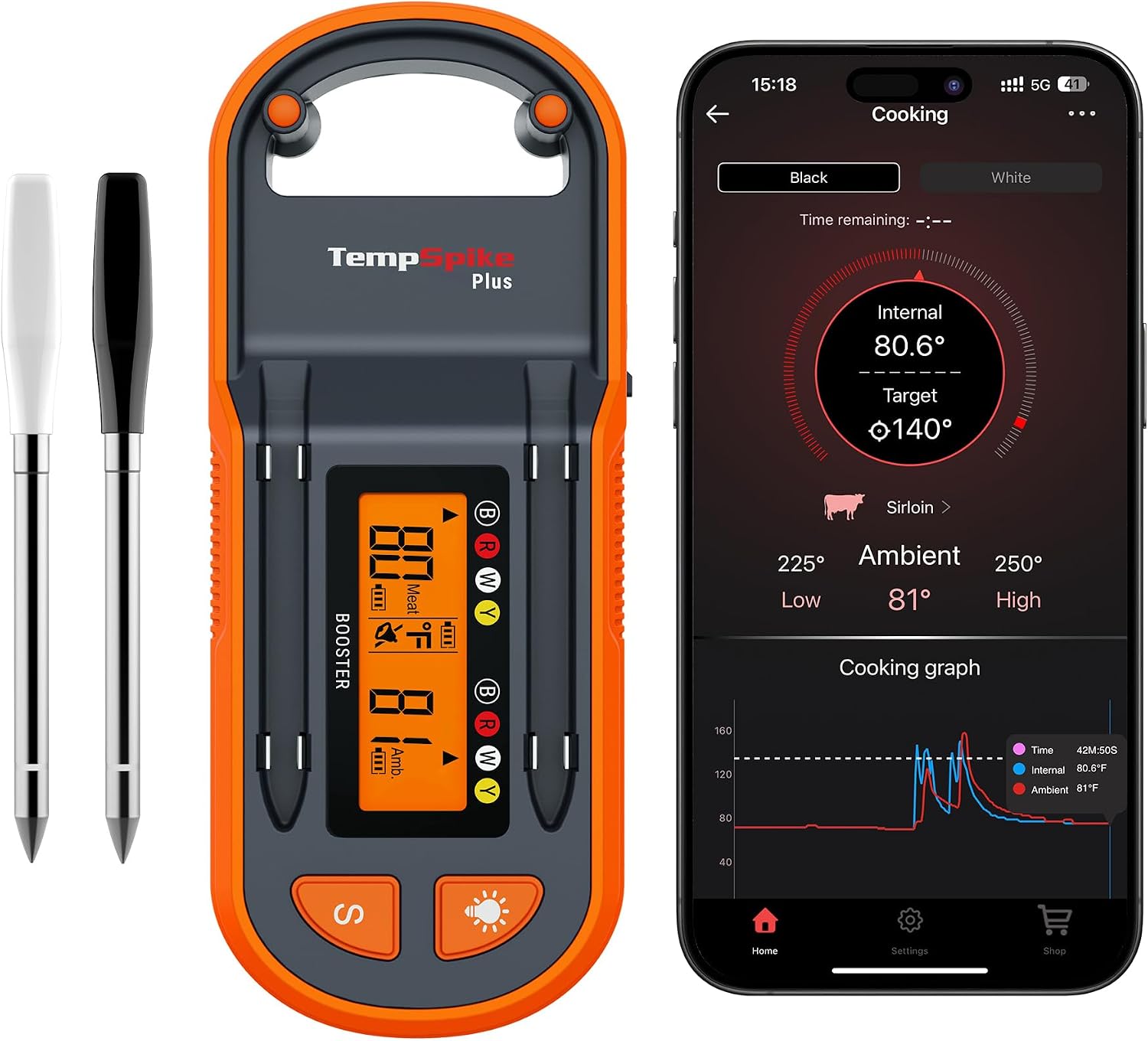 TempPro TempSpike 600ft Wireless Meat Thermometer with 2 Color-Coded Probes