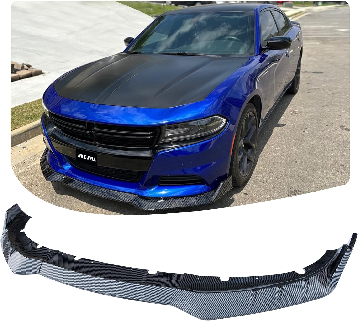 WildWell Front Bumper Lip Splitter Fits 2015-2018 Dodge Charger Base & 2019-2024 Dodge Charger SXT Only, Front Lip Air Dam Chin Spoiler Guard Carbon Fiber Style
