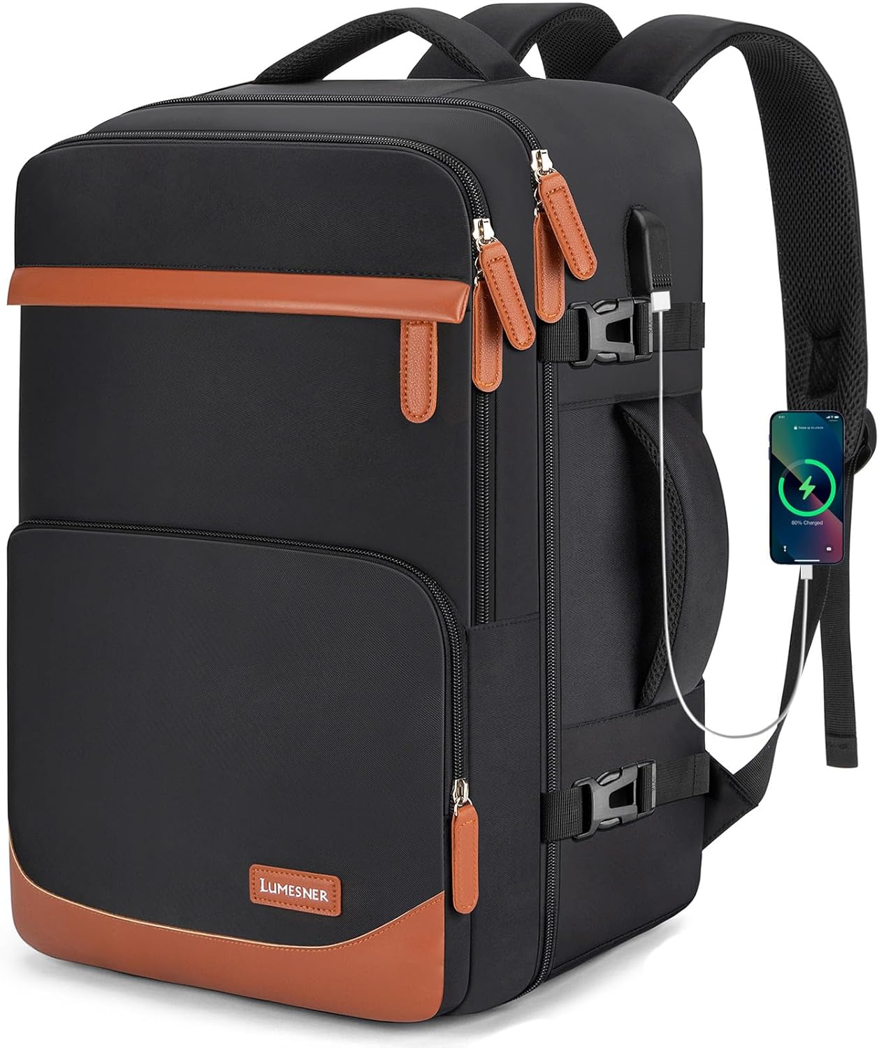 Velaybor 40L Travel Backpack with USB Charging Port, Water-Resistant Carry On Backpack for Men Women, Business Laptop Pack for Men & Women, Trips & Commutes, Fits 15.6/17.3 Inch Laptop (Black)