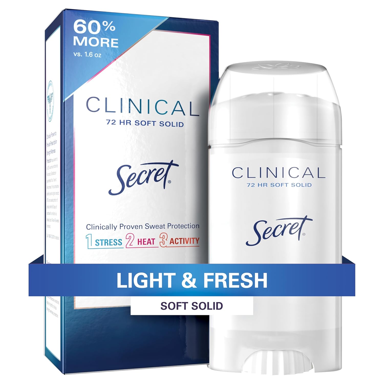 Secret Clinical Strength Antiperspirant and Deodorant for Women, 3X Stress Sweat Protection, PH Balancing Minerals, Soft Solid, Light & Fresh Scent, 2.6 oz