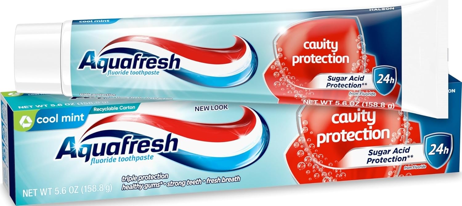 Aquafresh Cavity Protection Fluoride Toothpaste, 5.6 oz | For Healthy Gums, Strong Teeth, and Fresh Breath, Cool Mint, Helps Protect Teeth From Sugar Acids, For The Whole Family