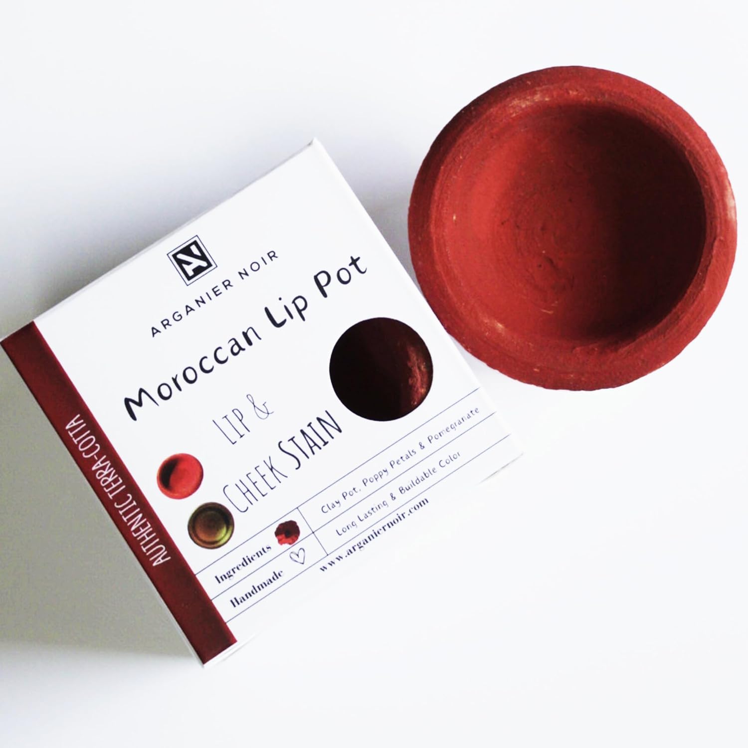 Arganier Noir Aker Fassi Moroccan Lip and cheek Clay Pot Red Buildable Tint Color.