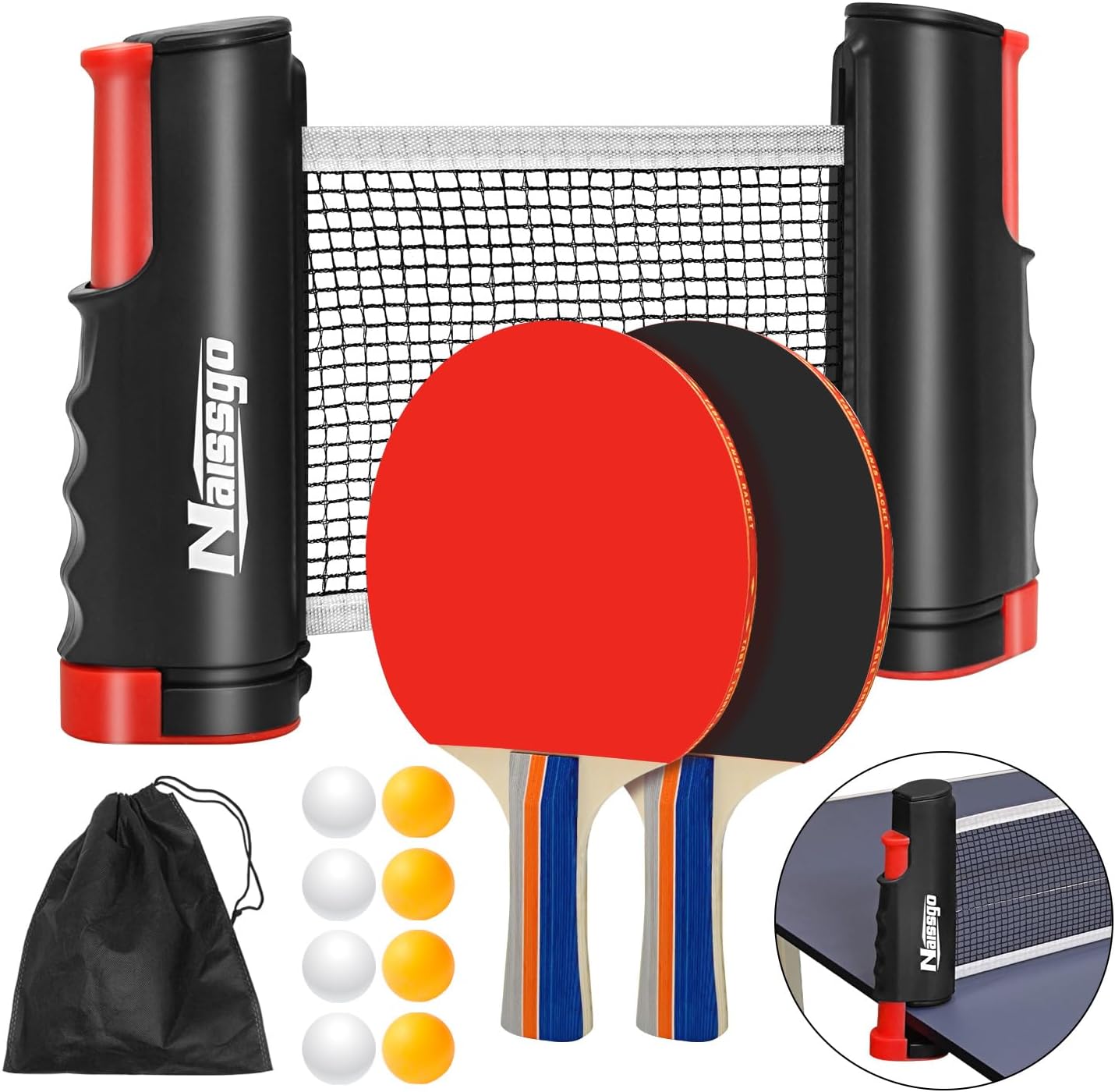 Table Tennis Set with Retractable Net, Portable Ping Pong Paddle Set with 2 Rackets, 8 Balls and Mesh Bag, Easy Setup Table Tennis Kit for Indoor Outdoor, Beginners, Home and Office