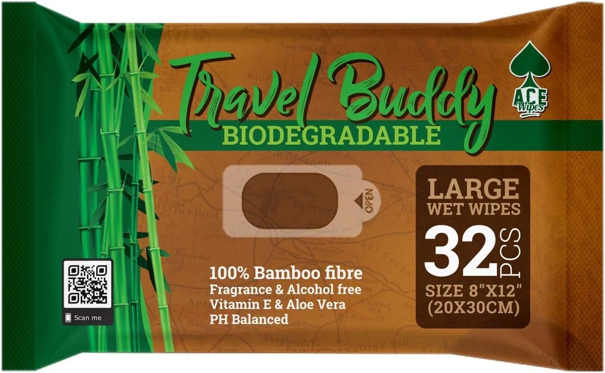 Ace Travel Buddy Large Body Wet Wipes Biodegradable - No Rinse Bath Or Shower Bamboo Wipe - Gym, Travel, Camping, Backpacking, Hiking, Pets, Festival Essentials/Accessories, 32 Wipes(8"X12"/20X30CM)