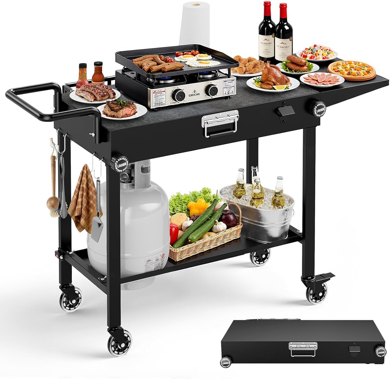 Portable Grill Cart for Blackstone Griddle, 440lb Foldable Outdoor Grill Table with Wheels for Ninja, 31" W x 17" D Blackstone Griddle Stand with Caddy Fit 17” or 22”, Black