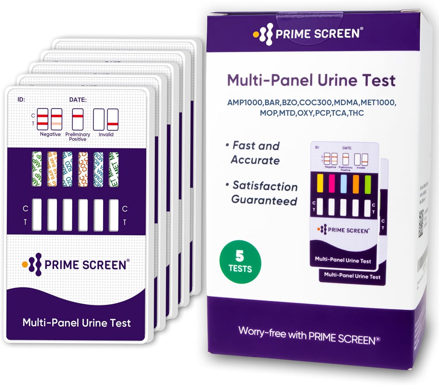 [5 Pack] Prime Screen 12 Panel Urine Test (AMP,BAR,BZO,COC,mAMP,MDMA,MOP/OPI 300,MTD,OXY,PCP,TCA,THC) - WDOA-7125