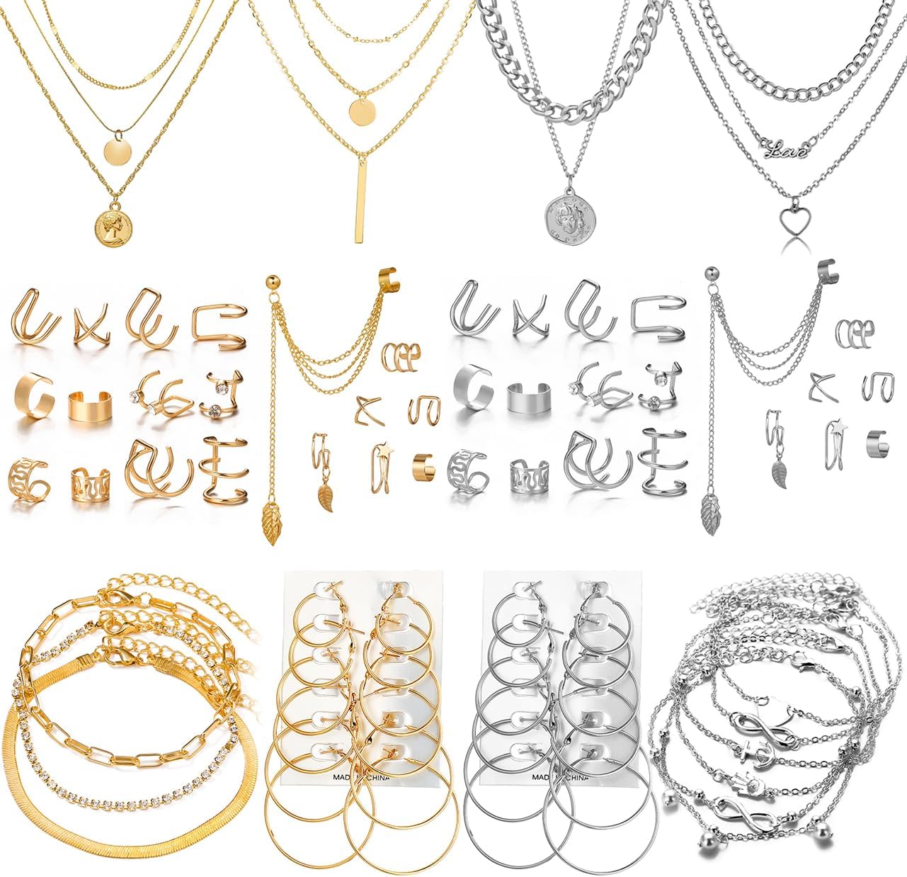 60 PCS Gold Jewelry Set with Multi-Layered Bracelet Necklace, Dangle Earrings, Stackable Ring For Women Valentine Anniversary Jewelry Pack Gifts For Her