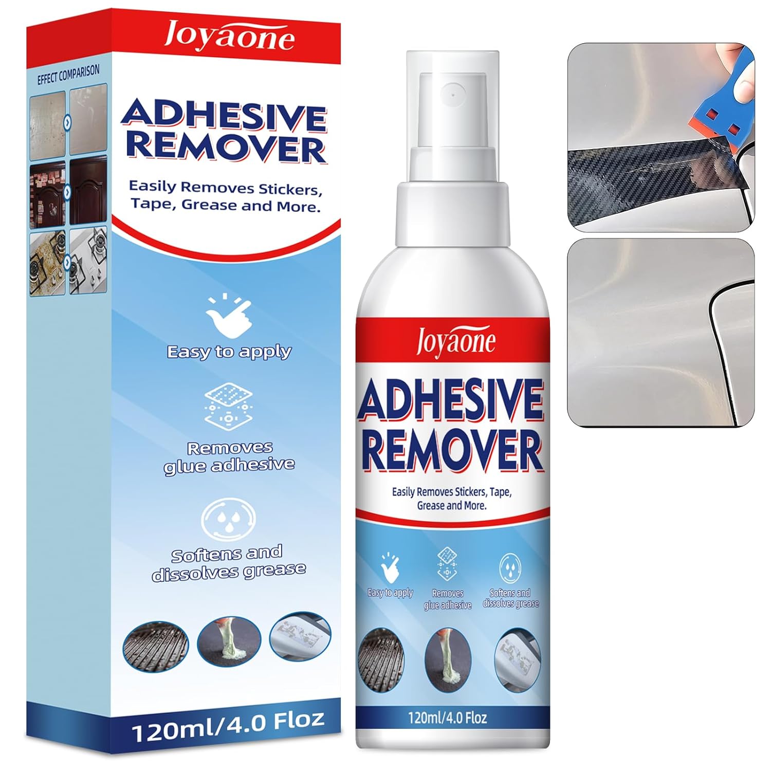 Adhesive Remover 120ml, Sticker Remover Spray with Plastic Scraper Tool, Surface Safe Formula for Cars, Glass and Walls, Fast-Acting Cleaner for Labels, Decals, Tape, Residue and Stubborn Stains