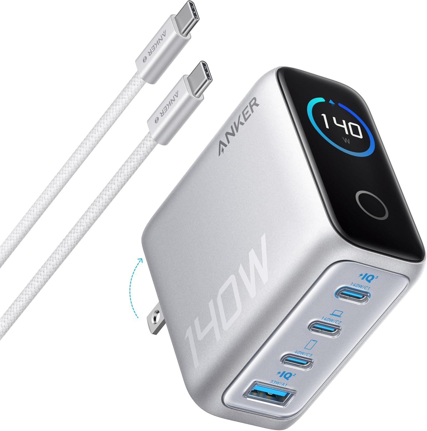 Anker Laptop Charger, 140W MAX USB C Charger, 4-Port Multi-Device Fast Charging, Advanced GaN Power Adapter, Intuitive Touch Controls, for MacBook, iPhone 16 Series, Samsung Galaxy, Pixel, and More