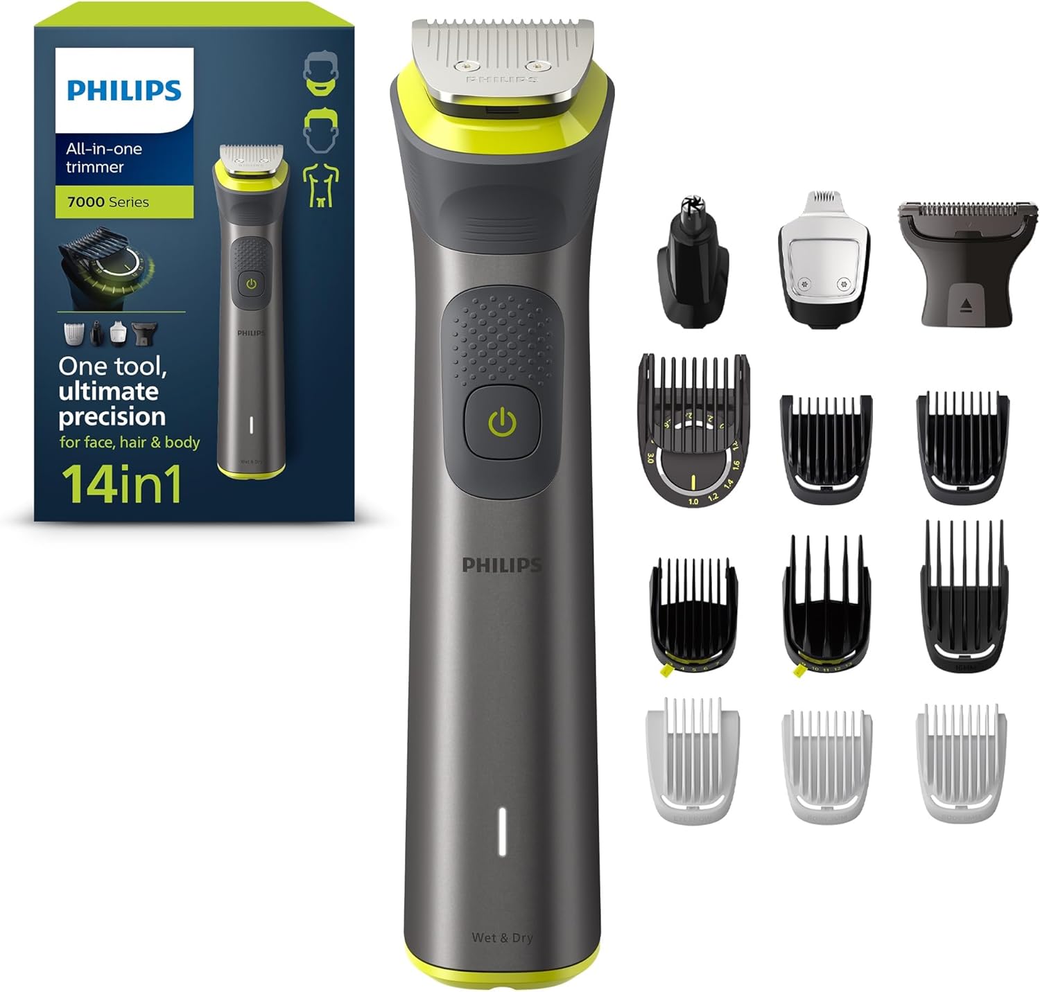 Philips Series 7000 All-in-one Trimmer, 14-in-1 Multigroom for face, Head and Body, One Tool - Ultimate Precision, 21 Length Settings (0.5-16 mm) (Model MG7930/15)