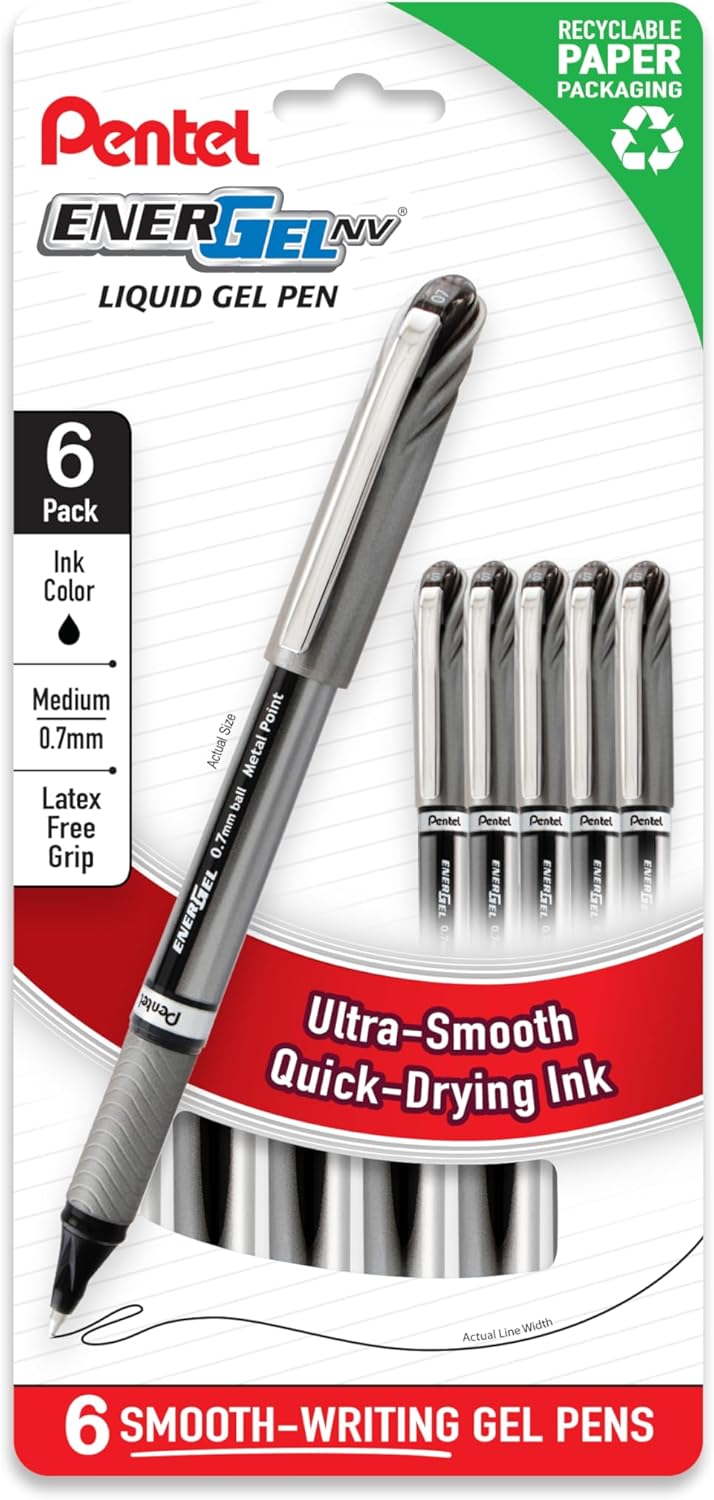 Pentel EnerGel NV 0.7mm Liquid Gel Pen, Medium Line, Black Ink, Plastic Free Packaging 6 Pack (BL27PF6A)