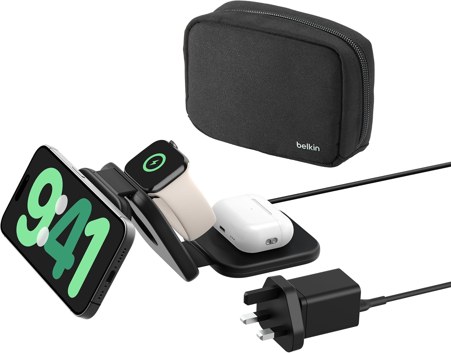 Belkin BoostCharge Pro Foldable Qi2-Certified Wireless Charger 3-in-1 Magnetic Charging Travel Pad 15W - MagSafe-Compatible Portable Charger for iPhone 16/15/14, Apple Watch 10, AirPods