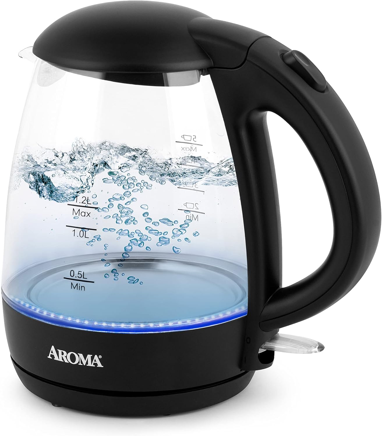 AROMA® 1.2L / 5-Cup Glass Electric Kettle with Cordless Pouring, Trigger-Release Lid, Automatic Shut-off, Black (AWK-151B)
