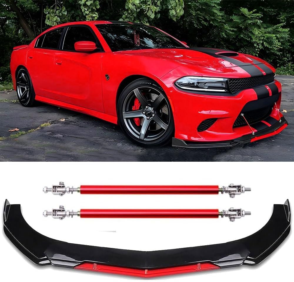 Universal Front Lip for 2015-2023 Dodge Charger SE RT SRT, Glossy Black Sport Style Universal Front Bumper Lip with 2pcs Strut Rods,Front Spoiler Lip Trims 4-Door Sedan (Red Sharp Conner w/Red)