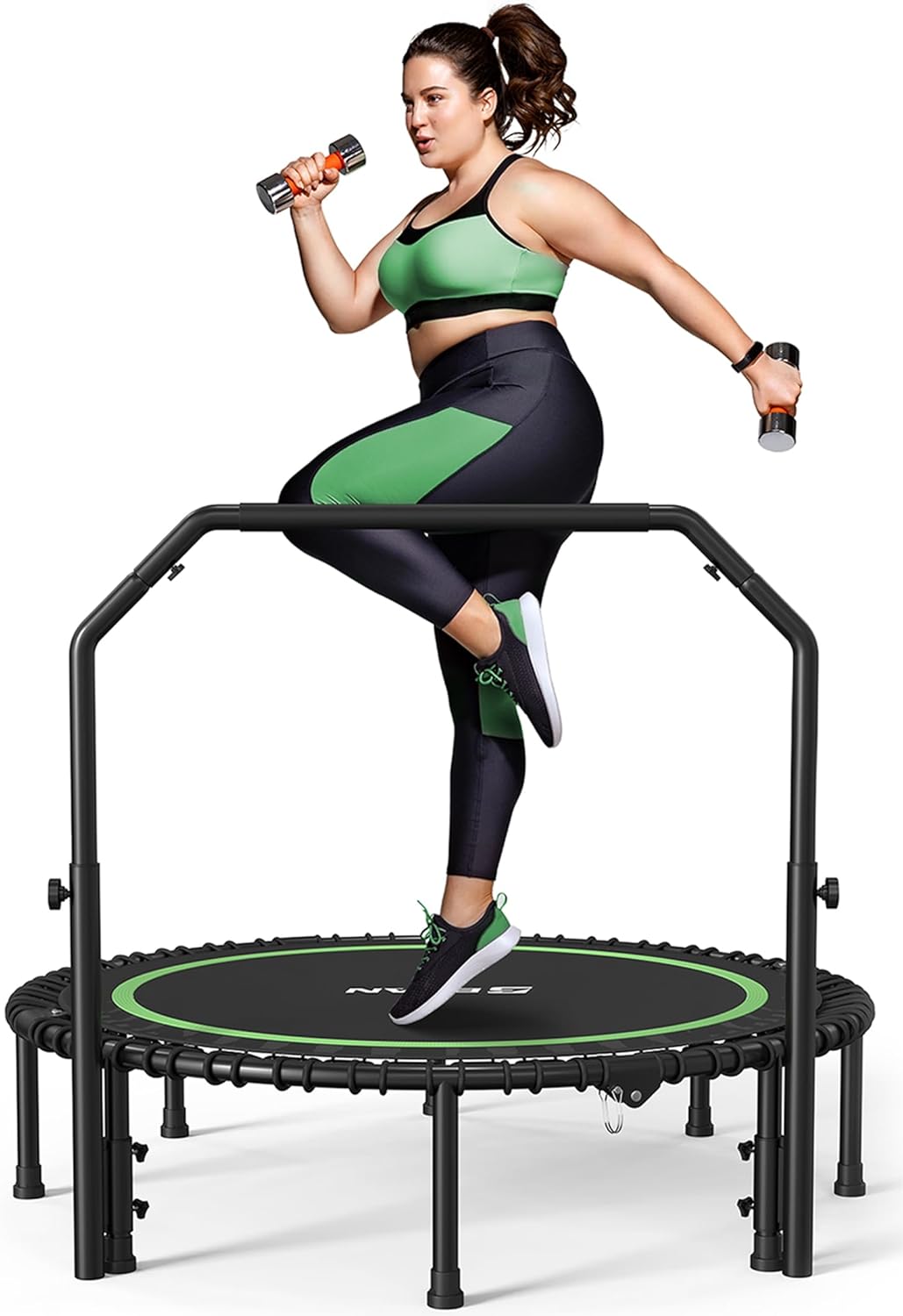 BCAN 450/550 LBS Foldable Mini Trampoline, 40"/48" Fitness Trampoline with Bungees, U Shape Adjustable Foam Handle, Stable & Quiet Exercise Rebounder for Kids Adults Indoor/Garden Workout