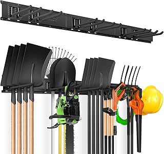 VEVOR Garage Tool Organizer, 600 lbs Max Load Capacity, Wall Mount Yard Garden Storage Rack Organization Heavy Duty with 6 Adjustable Hooks and 3 Rails, for Garden Tools, Shovels, Trimmers, and Hoses