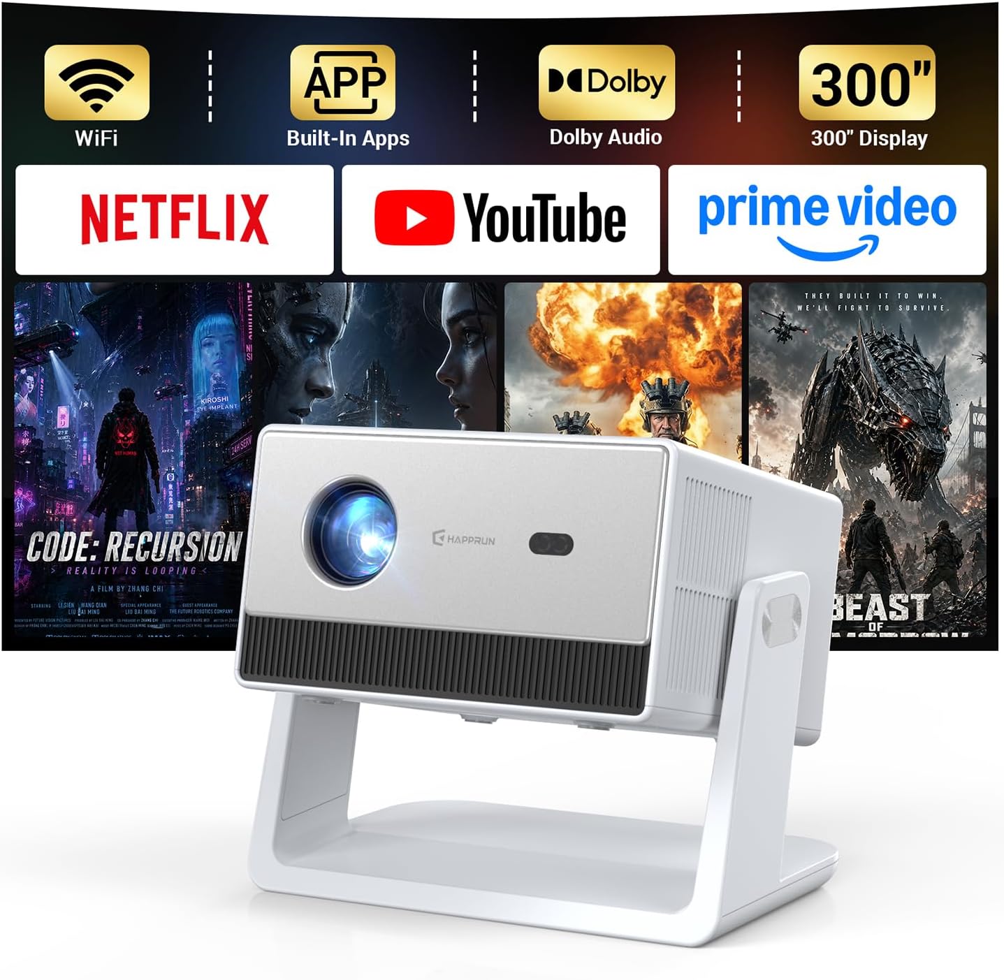 HAPPRUN 1500 ANSI 4K Decoding Outdoor Projector with Built-in Streaming App | Smart Projector with WiFi and Bluetooth, 270° Stand, Electric Focus & Keystone, Dolby Audio for Indoor & Outdoor Movies