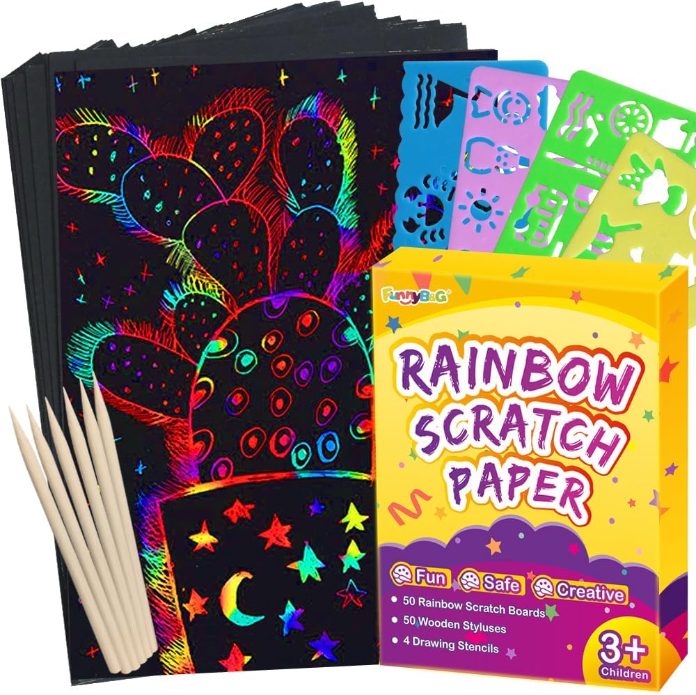 FUNNYB&G Rainbow Scratch Paper Art for Kids - 100 Pcs Magic Rainbow Scratch Paper Off Set Scratch Easter Crafts Arts Supplies Kits Pads Sheets for Party Games Halloween Christmas Birthday Gifts