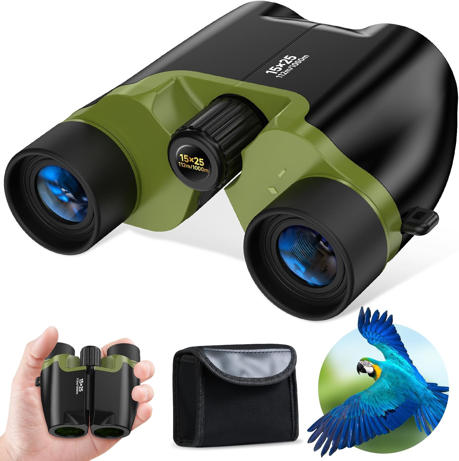 High Powered Compact 15x25 Binoculars for Adults&Kids with BAK4 Prism,FMC Lens,Waterproof Binocular with Low Light Vision,Small Binoculars for Hunting/Bird Watching/Theater/Travel/Sightseeing (Green)