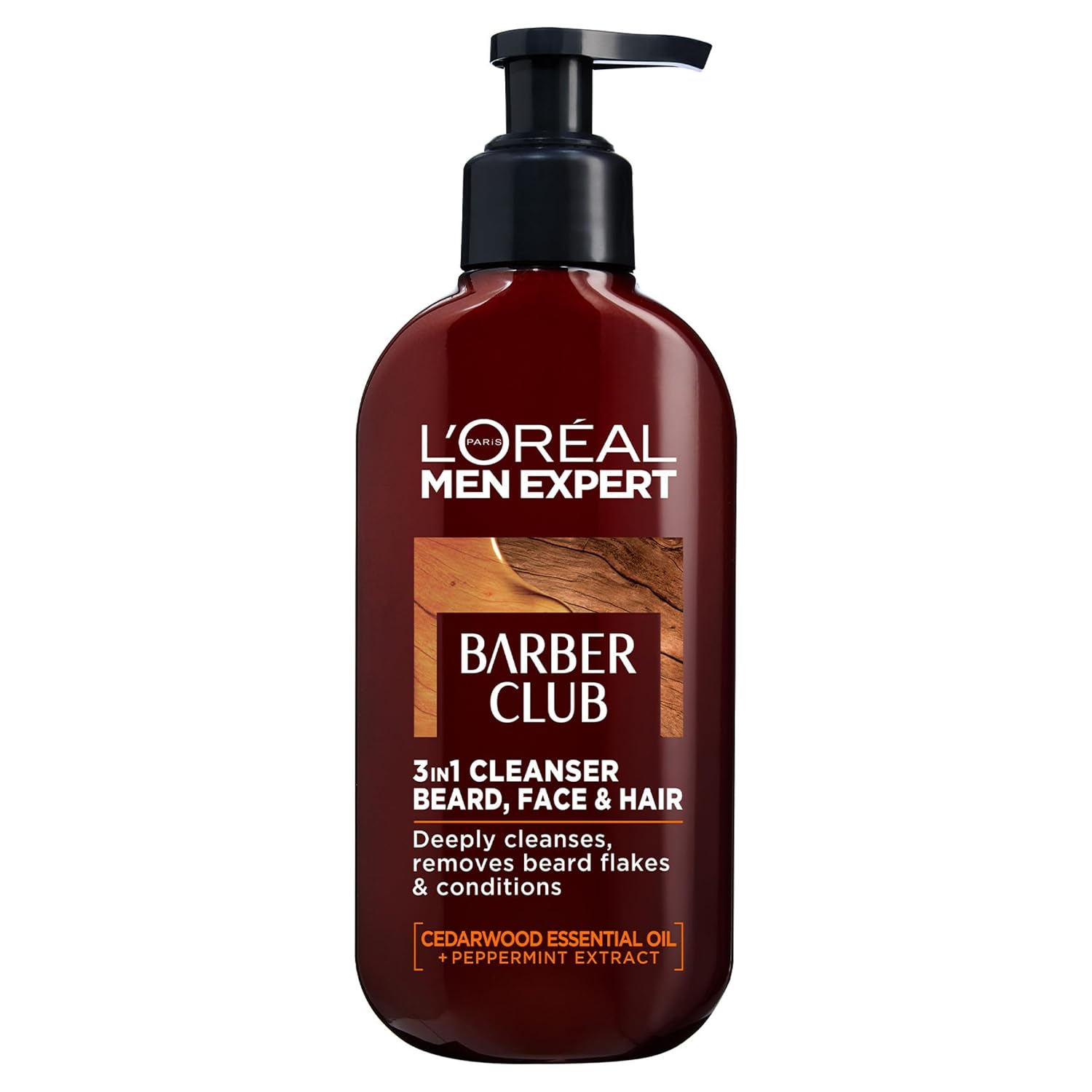 L’Oreal Paris Men Expert Cleansing 3-in-1 Beard, Face & Hair Wash 200ml, Barber Club Wash With Cedarwood Essential Oil, Deeply Cleanses and Removes Beard Flakes