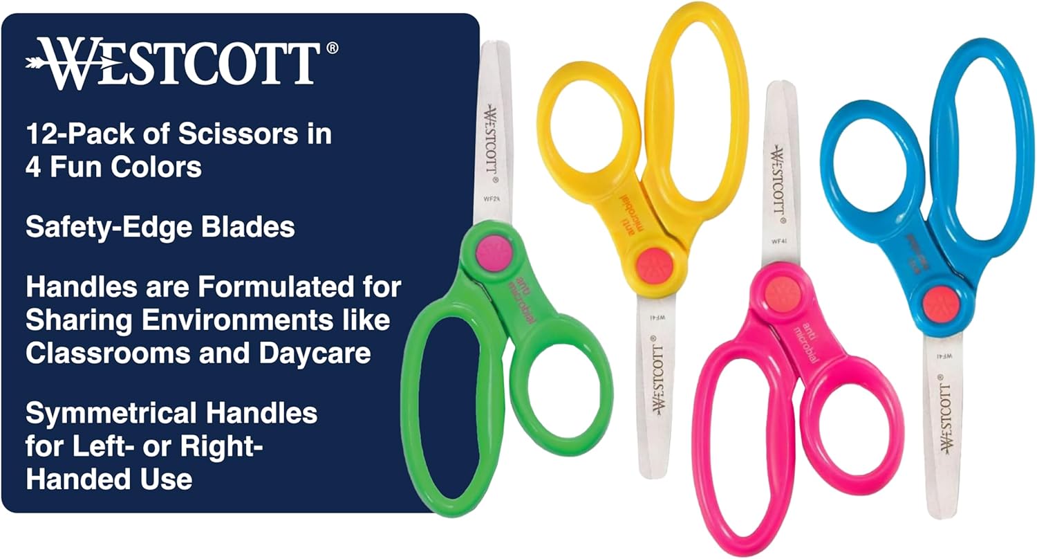 Westcott 14871 Right- and Left-Handed Scissors, Kids' Scissors, Ages 4-8, 5-Inch Blunt Tip, Assorted, 12 Pack