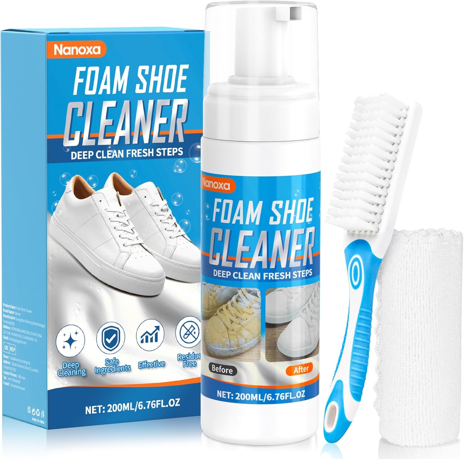 Nanoxa Shoe Cleaner, 200ml Trainer Cleaner, Shoe Cleaning Kit with Brush & Towel Removes Dirt & Stains, Sneaker Cleaner Foam for White Shoes, Leather, Knit, Boots, Canvas, Suede, Fabric, Rubber, PU