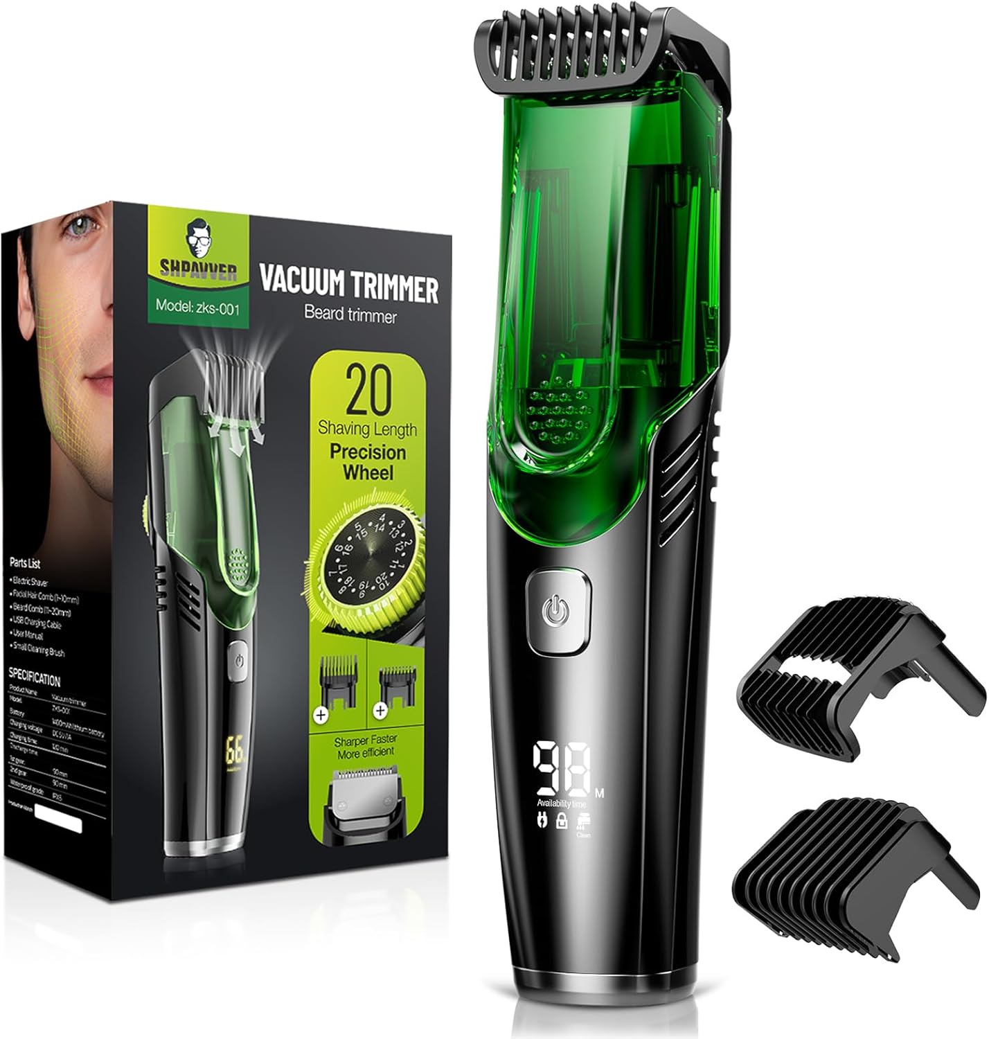 Beard Trimmer for Men: Vacuum Mustache Trimmer for Less Mess -IPX7 Waterproof- Rechargeable Electric Beard Cutting Kit with Adjustable Length Comb- Built-in Vacuum for Sideburns, Stubble
