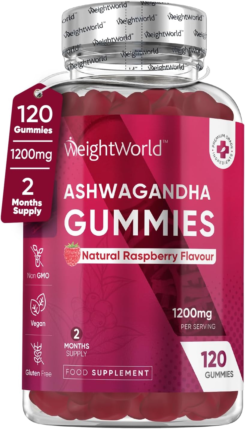 Ashwagandha Gummies 1200mg | 120 Gummies - 2 Months Supply, Raspberry Flavour, Ashwagandha High Strength Root Extract Supplement, Bioavailable, Vegan & Gluten-Free