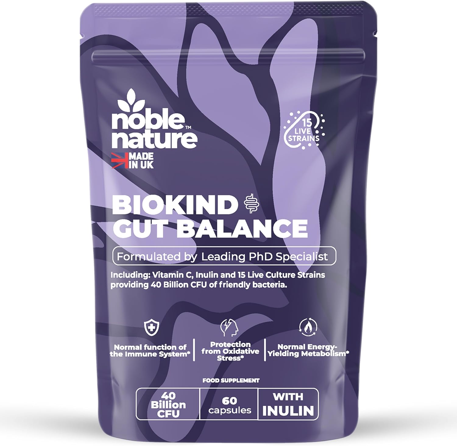 Noble Nature Biokind Gut Balance – 40 Billion CFU Friendly Bacteria - Bio Cultures Complex Probiotics - 15 Strains - Lactobacillus & Bifidobacterium for Gut, Immune & Digestive Health (60)