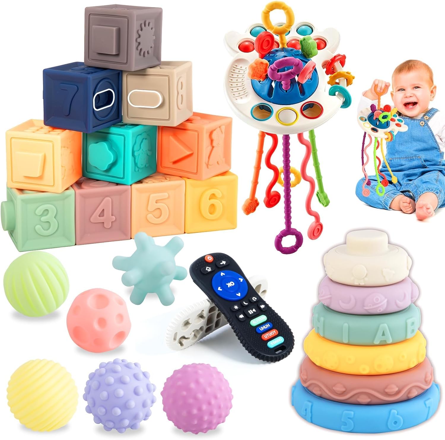 Baby Toys for 6 to 36 Months, 5 in 1 Montessori Toys Set for Babies, Sensory Toys for Toddlers 1-3,Pull String Toys, Stacking Blocks, Sensory Shapes Simulation Remote Control