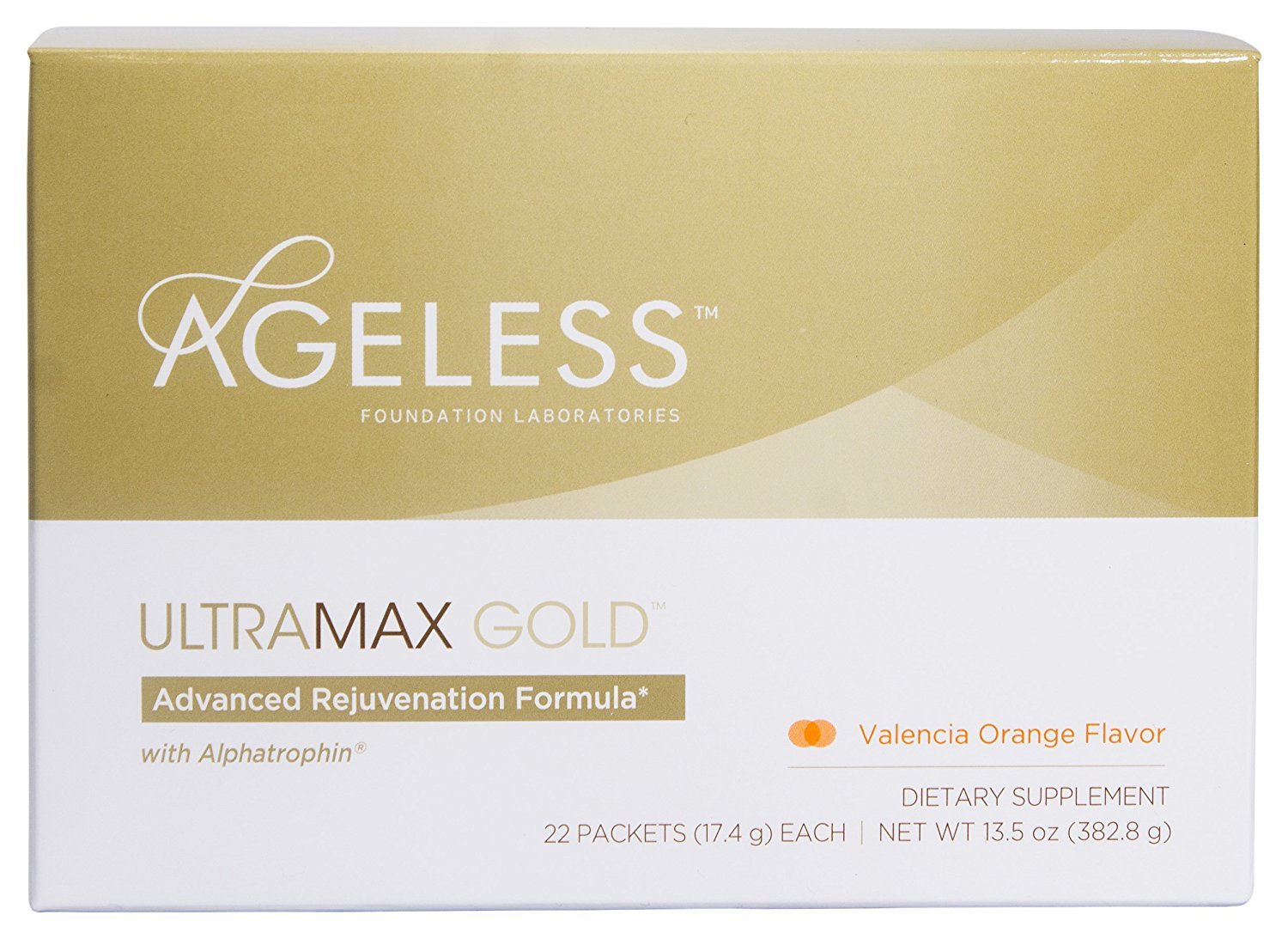Ageless Foundation Laboratories UltraMax Gold, Advanced Rejuvenation Formula with Alphatrophin, Valencia Orange, 22 Packets, 0.61 oz (17.4 g) Each