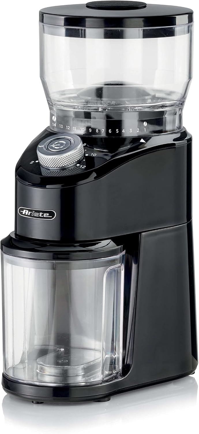 Ariete 3023 Coffee Grinder 3023 Coffee Grinder with Stainless Steel Conical Grinders, 200W, 14 Grinding Levels, 200 g Tank Capacity, 2 to 12 Cups, Black