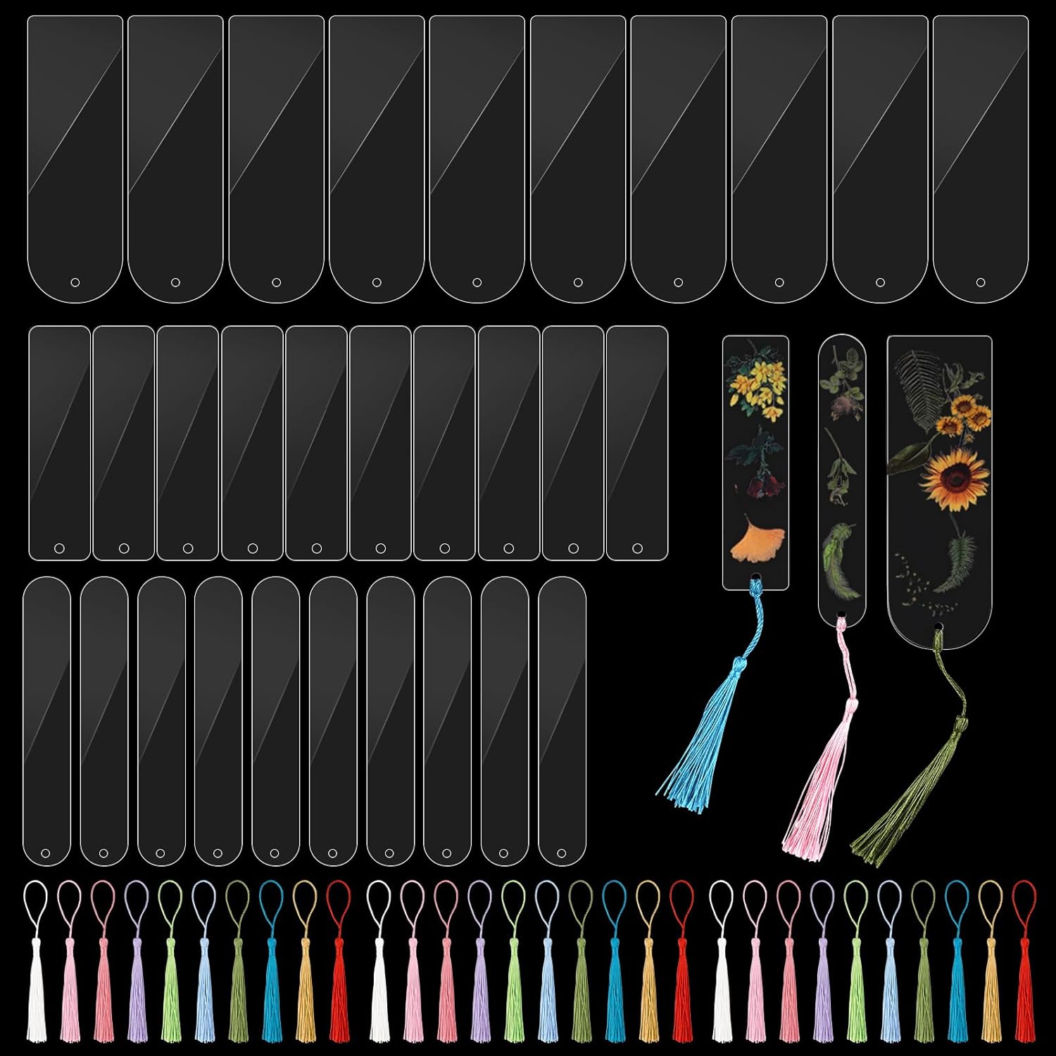 60Pcs Acrylic Bookmark Blanks Set with Colorful Tassels, Clear Craft Bookmarks, 3 Shape Rectangle Round Bookmarks Bulk for DIY Crafts Gift Tag Hanging Tag