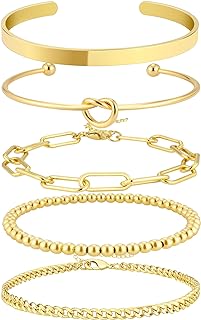 14K Gold Plated Bangle Cuff Bracelet Set for Women Bracelet Stack Adjustable Tennis/Beaded/Paperclip/Cuban Link Chain Bracelets Jewelry