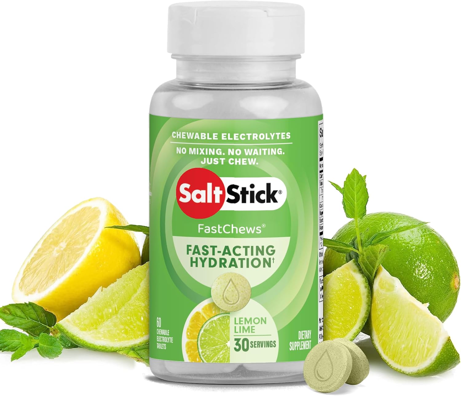 SaltStick FastChews Electrolytes | 60 Chewable Electrolyte Tablets | Salt Tablets for Runners and Endurance Sports Nutrition | Hydration Electrolyte Chews | Vegan | Lemon Lime | 60 Tablets