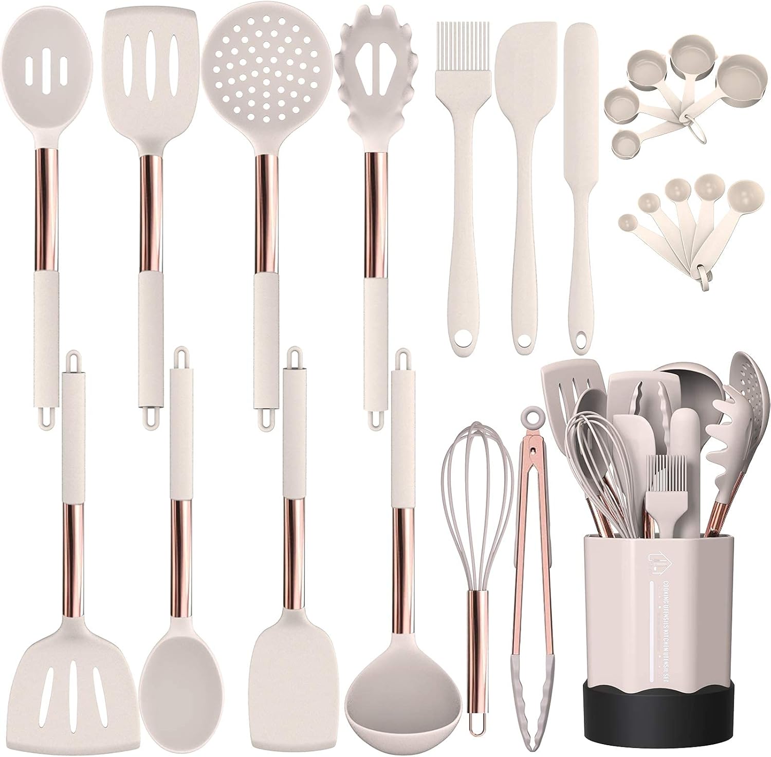 Silicone Cooking Utensil Set, Fungun Kitchen Utensils Set with Copper Handle 24 Pcs Kitchen Gadgets Tools Set, Non-stick Heat Resistant Kitchen Spatulas Set - Khaki…