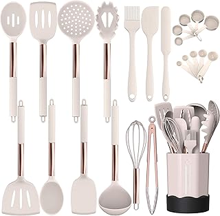 Silicone Cooking Utensil Set, Fungun Kitchen Utensils Set with Copper Handle 24 Pcs Kitchen Gadgets Tools Set, Non-stick Heat Resistant Kitchen Spatulas Set - Khaki…