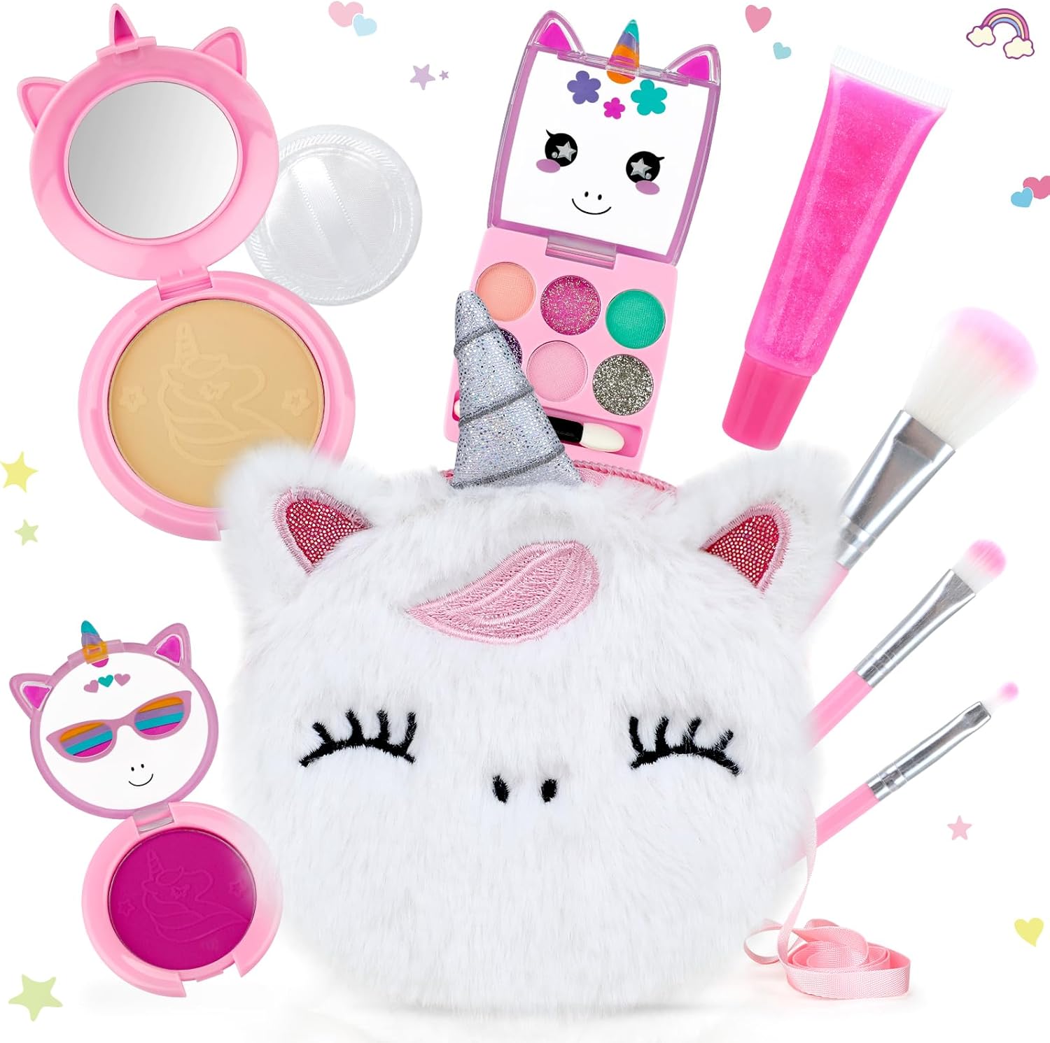 PERRYHOME Cute Kids Makeup Set Unicorn Washable Makeup Kit for Girls 3-12 with Mini Coin Purse - Real Cosmetic Non-Toxic Toddler Makeup Kit-Unicorn Toys for Girl - Birthday Unicorn Gift（White）