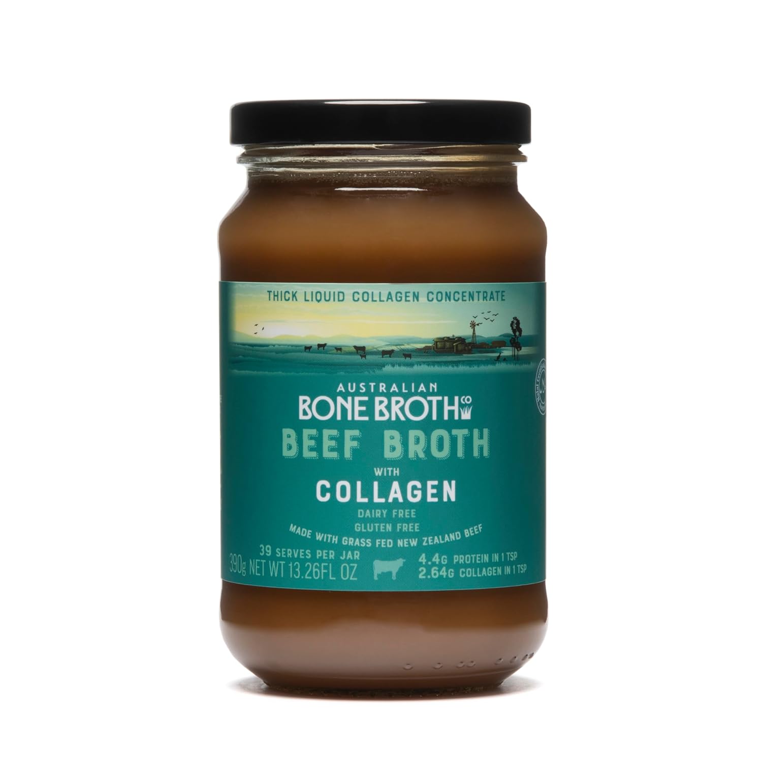 Beef Broth with Collagen Concentrate - Instant bone broth beverage boosted with grass-fed collagen. Halal Broth. Gluten Free, Preservative Free No spices or herbs. Halal Certified 375 gram Jar
